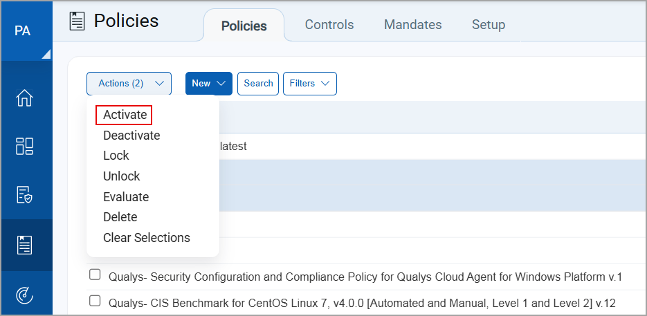 Activate option selected under the Actions Dropdown menu.
